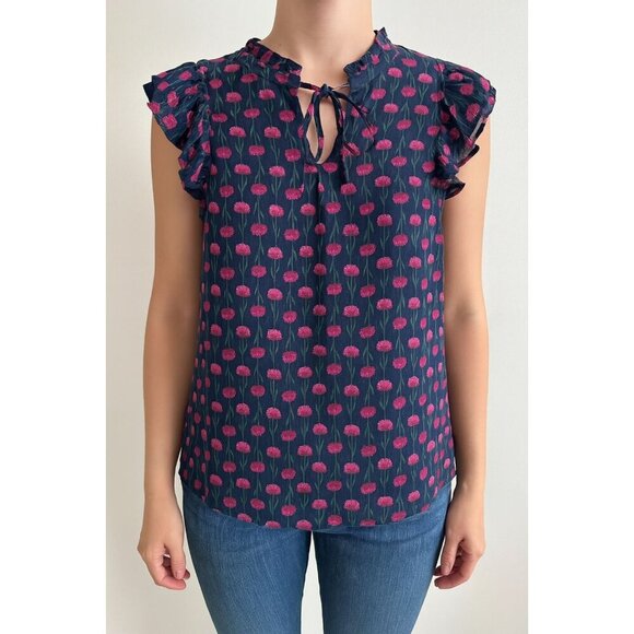 J.Crew Short-Sleeve Ruffle-Shoulder Top in ‘Antique Navy Decorative” Print MD - Picture 1 of 5